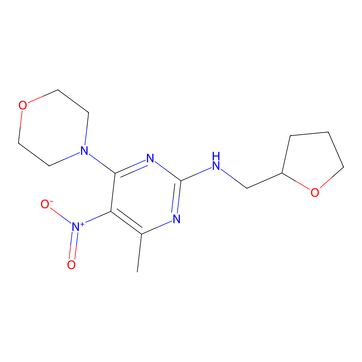 4-methyl-6-morpholino-5-nitro-N-((tetrahydrofuran-2-yl)methyl)pyrimidin-2-amine molecular structure, CAS 1251633-37-0
