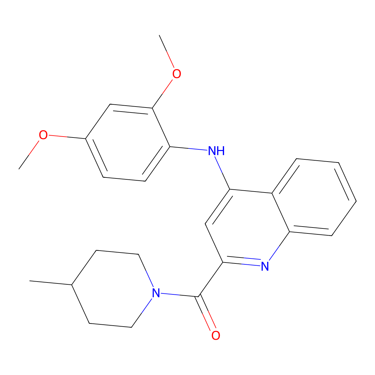 (4-((2,4-Dimethoxyphenyl)amino)quinolin-2-yl)(4-methylpiperidin-1-yl)methanone molecular structure, CAS 1251633-40-5