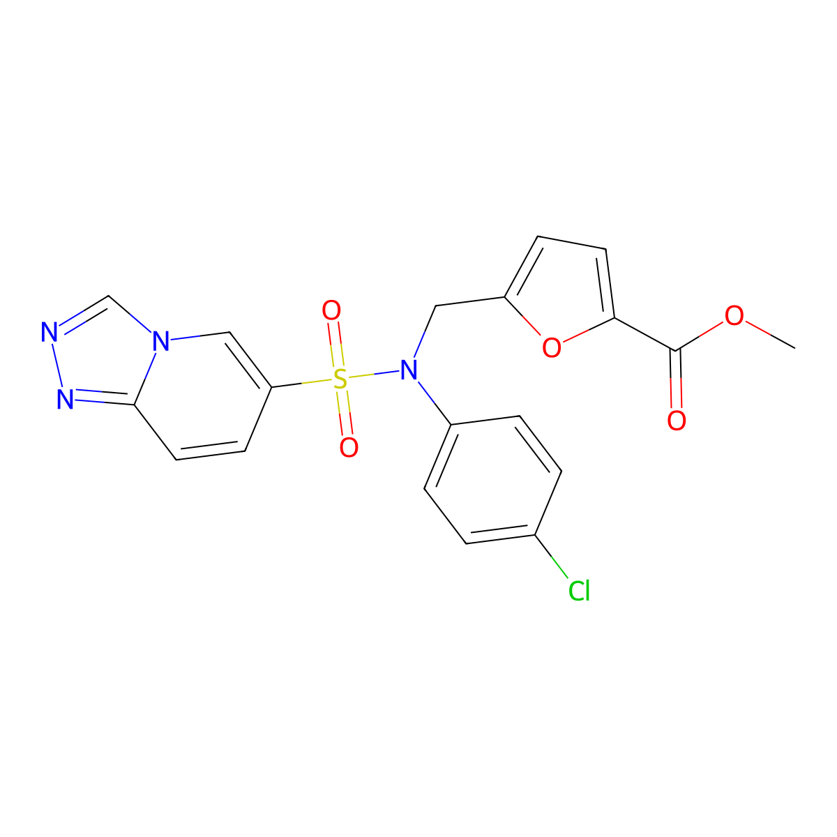 methyl 5-{[N-(4-chlorophenyl)[1,2,4]triazolo[4,3-a]pyridine-6-sulfonamido]methyl}furan-2-carboxylate molecular structure, CAS 1251633-43-8