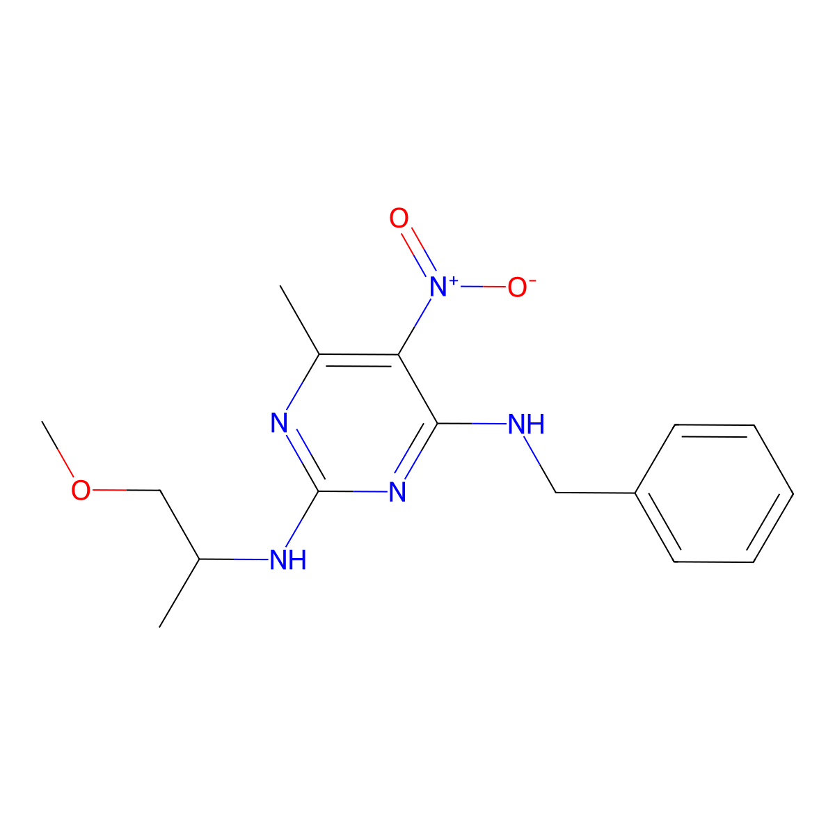 N4-benzyl-N2-(1-methoxypropan-2-yl)-6-methyl-5-nitropyrimidine-2,4-diamine molecular structure, CAS 1251633-44-9