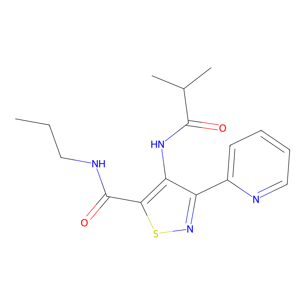 4-(2-methylpropanamido)-N-propyl-3-(pyridin-2-yl)-1,2-thiazole-5-carboxamide molecular structure, CAS 1251633-45-0