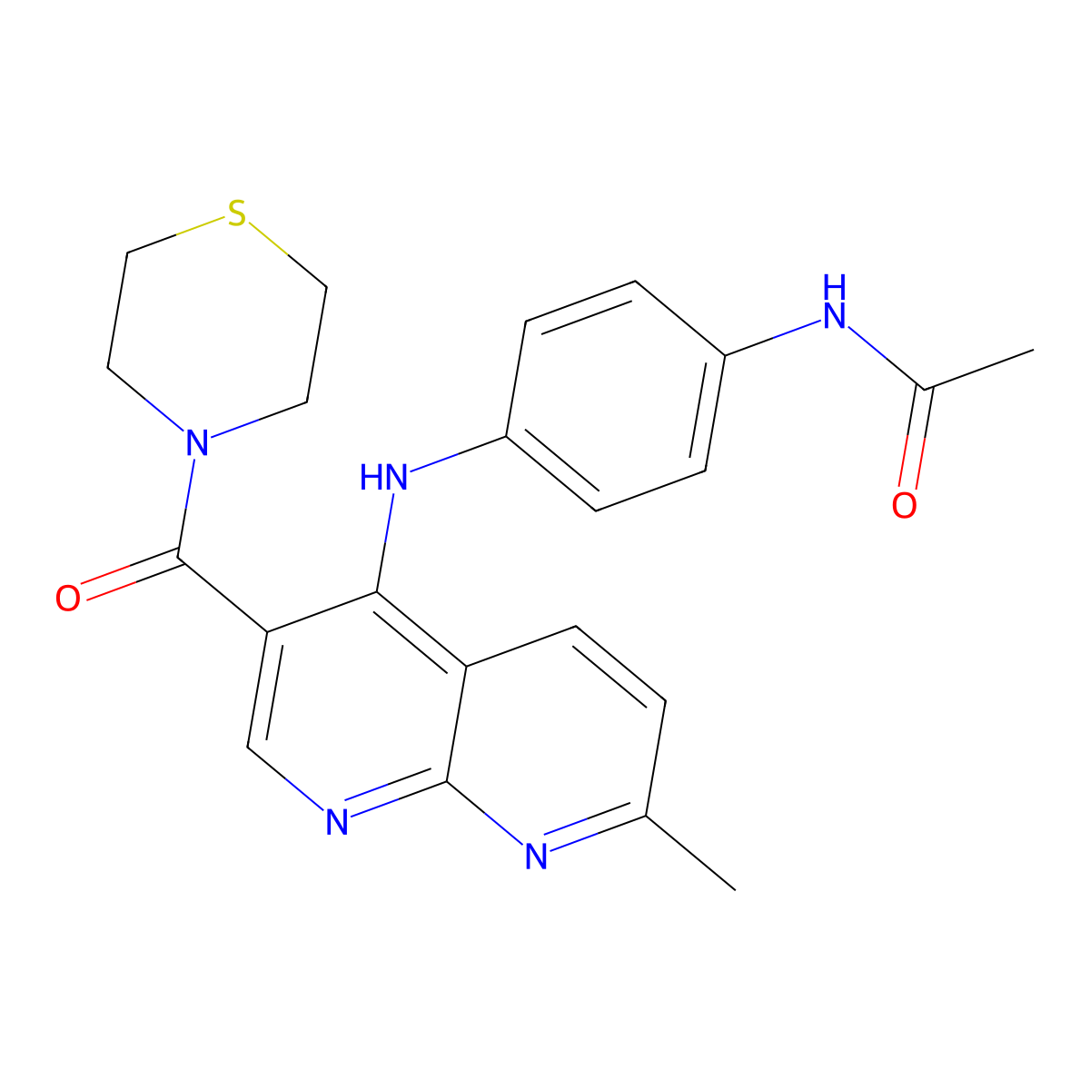 N-(4-{[7-methyl-3-(thiomorpholine-4-carbonyl)-1,8-naphthyridin-4-yl]amino}phenyl)acetamide molecular structure, CAS 1251633-46-1