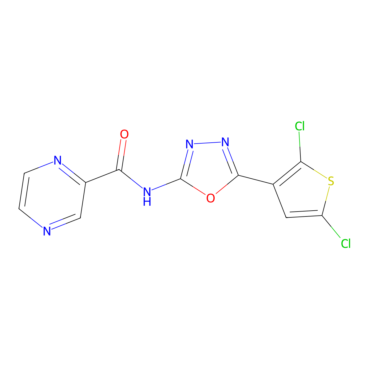 N-[5-(2,5-dichlorothiophen-3-yl)-1,3,4-oxadiazol-2-yl]pyrazine-2-carboxamide molecular structure, CAS 1251633-47-2