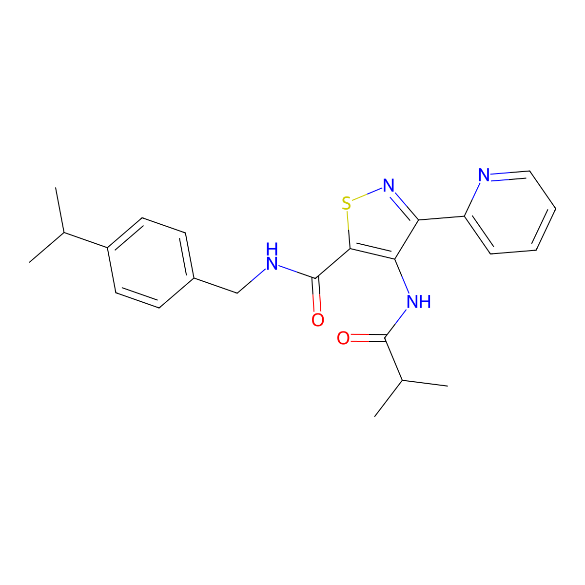 4-(2-methylpropanamido)-N-{[4-(propan-2-yl)phenyl]methyl}-3-(pyridin-2-yl)-1,2-thiazole-5-carboxamide molecular structure, CAS 1251633-48-3