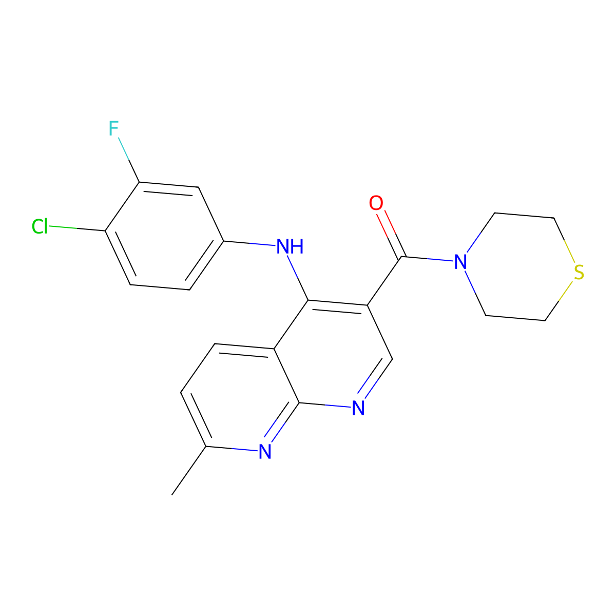 (4-((4-Chloro-3-fluorophenyl)amino)-7-methyl-1,8-naphthyridin-3-yl)(thiomorpholino)methanone molecular structure, CAS 1251633-50-7