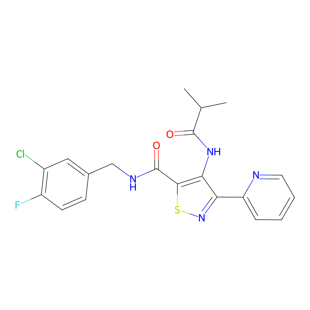 N-[(3-chloro-4-fluorophenyl)methyl]-4-(2-methylpropanamido)-3-(pyridin-2-yl)-1,2-thiazole-5-carboxamide molecular structure, CAS 1251633-52-9