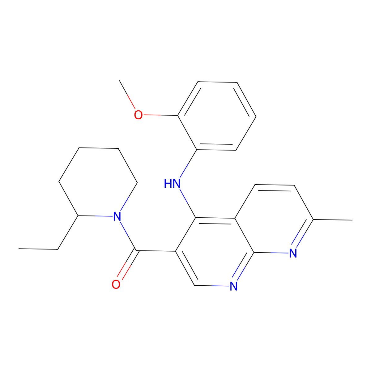 (2-Ethylpiperidin-1-yl)(4-((2-methoxyphenyl)amino)-7-methyl-1,8-naphthyridin-3-yl)methanone molecular structure, CAS 1251633-53-0