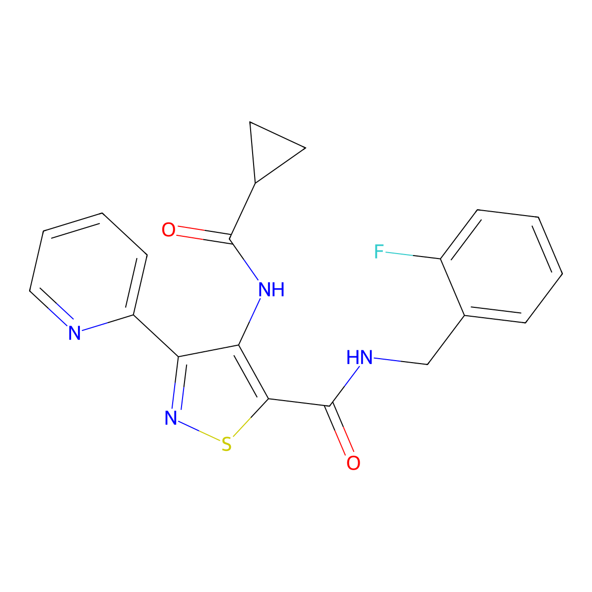 4-cyclopropaneamido-N-[(2-fluorophenyl)methyl]-3-(pyridin-2-yl)-1,2-thiazole-5-carboxamide molecular structure, CAS 1251633-55-2