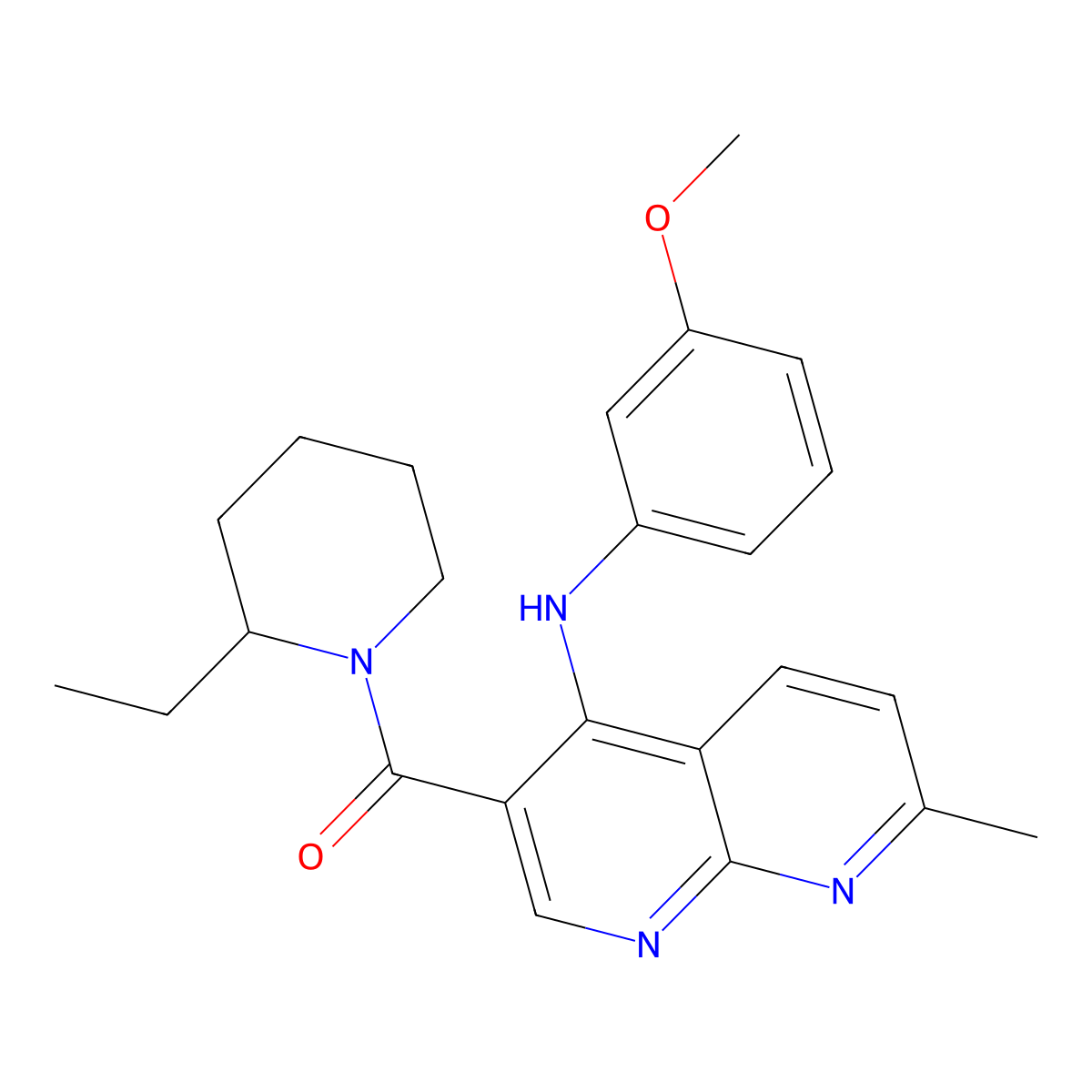 (2-Ethylpiperidin-1-yl)(4-((3-methoxyphenyl)amino)-7-methyl-1,8-naphthyridin-3-yl)methanone molecular structure, CAS 1251633-56-3