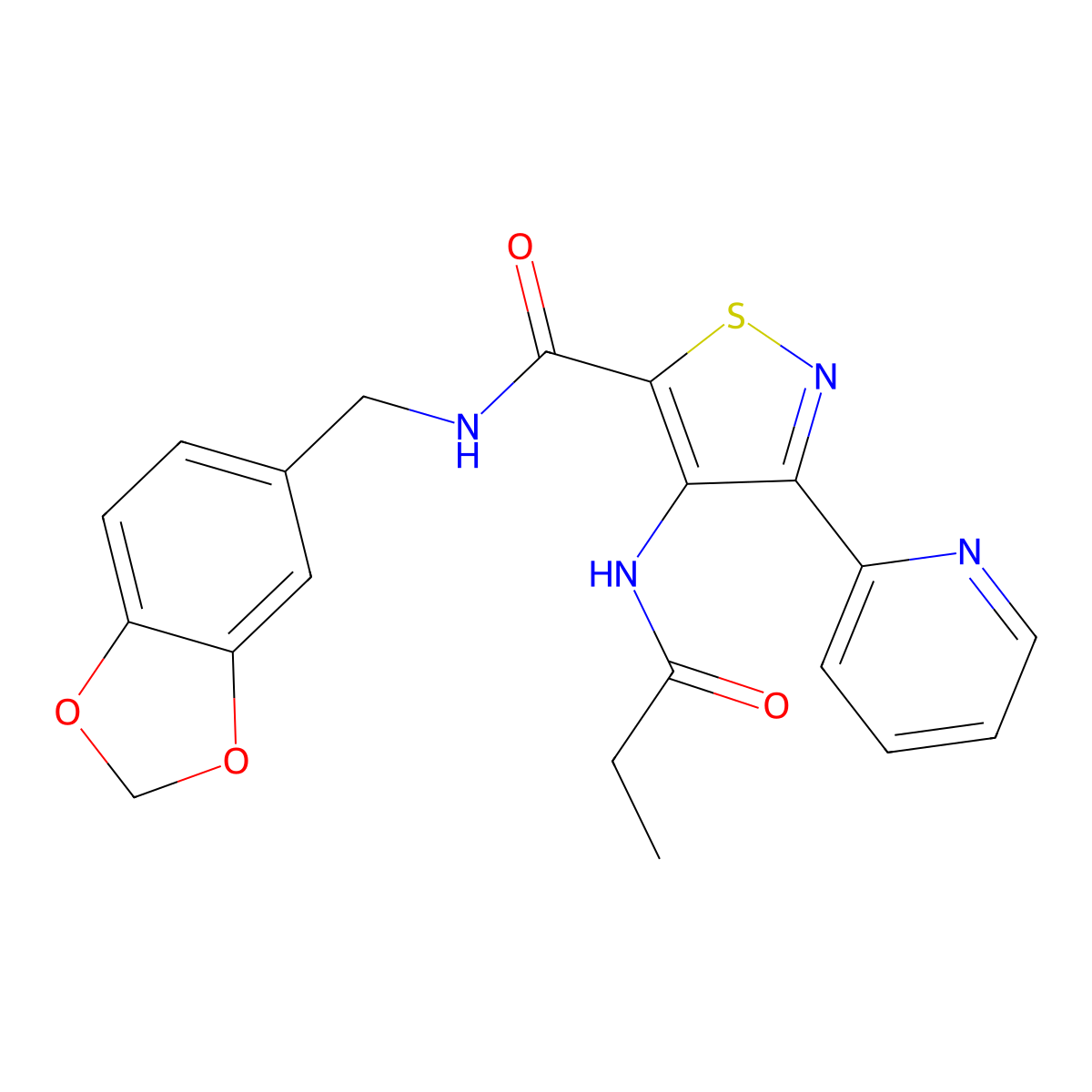 N-(benzo[d][1,3]dioxol-5-ylmethyl)-4-propionamido-3-(pyridin-2-yl)isothiazole-5-carboxamide molecular structure, CAS 1251633-57-4