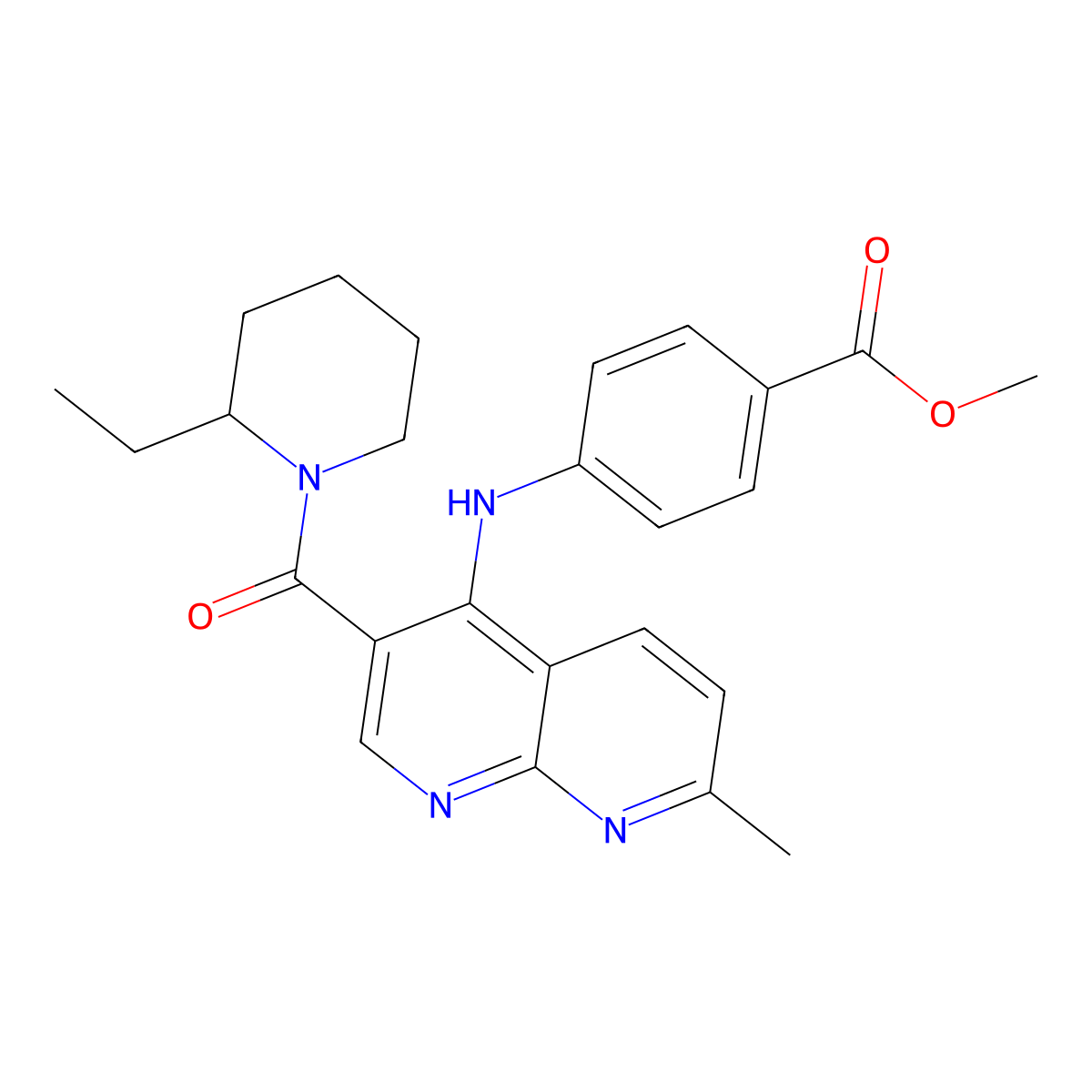 Methyl 4-((3-(2-ethylpiperidine-1-carbonyl)-7-methyl-1,8-naphthyridin-4-yl)amino)benzoate molecular structure, CAS 1251633-58-5