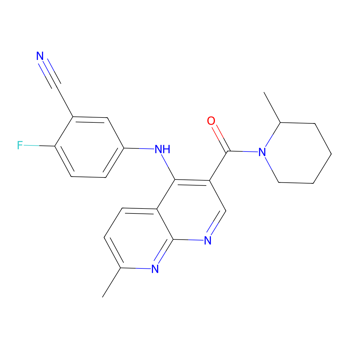 2-Fluoro-5-{[7-methyl-3-(2-methylpiperidine-1-carbonyl)-1,8-naphthyridin-4-yl]amino}benzonitrile molecular structure, CAS 1251633-66-5