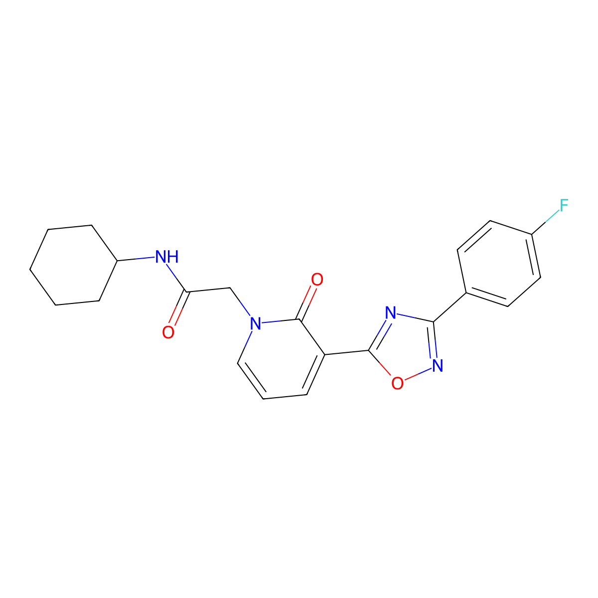 N-cyclohexyl-2-(3-(3-(4-fluorophenyl)-1,2,4-oxadiazol-5-yl)-2-oxopyridin-1(2H)-yl)acetamide molecular structure, CAS 1251633-77-8