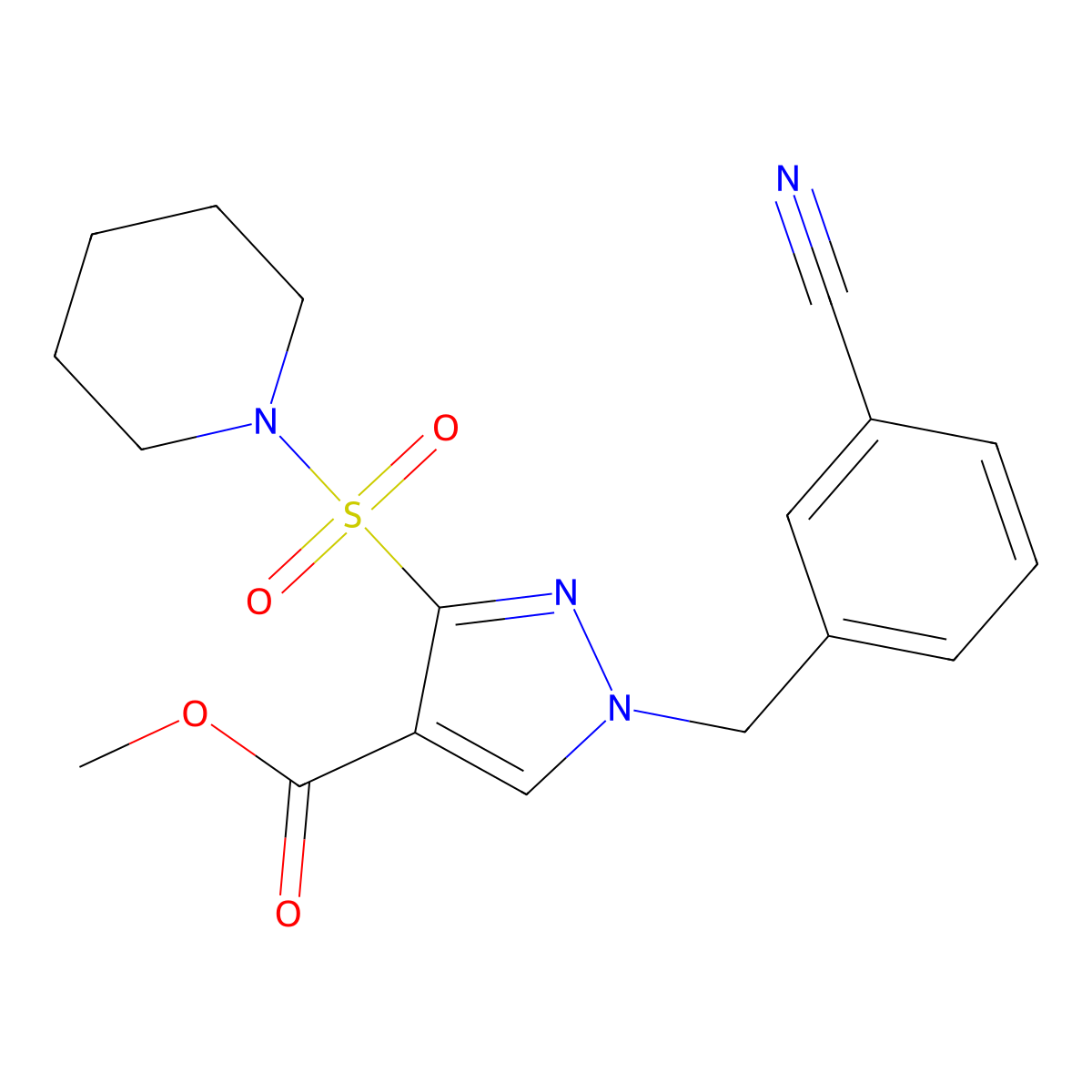 methyl 1-(3-cyanobenzyl)-3-(piperidin-1-ylsulfonyl)-1H-pyrazole-4-carboxylate molecular structure, CAS 1251633-97-2