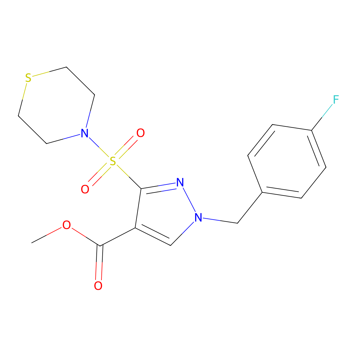 methyl 1-(4-fluorobenzyl)-3-(thiomorpholinosulfonyl)-1H-pyrazole-4-carboxylate molecular structure, CAS 1251634-14-6