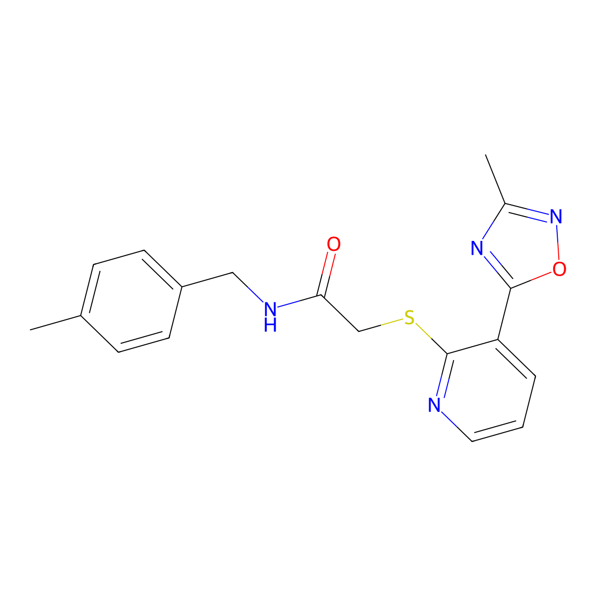 2-((3-(3-methyl-1,2,4-oxadiazol-5-yl)pyridin-2-yl)thio)-N-(4-methylbenzyl)acetamide molecular structure, CAS 1251634-22-6