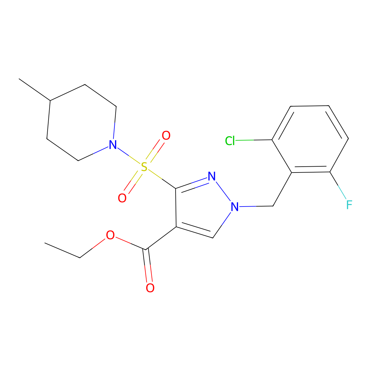 ethyl 1-(2-chloro-6-fluorobenzyl)-3-((4-methylpiperidin-1-yl)sulfonyl)-1H-pyrazole-4-carboxylate molecular structure, CAS 1251634-26-0
