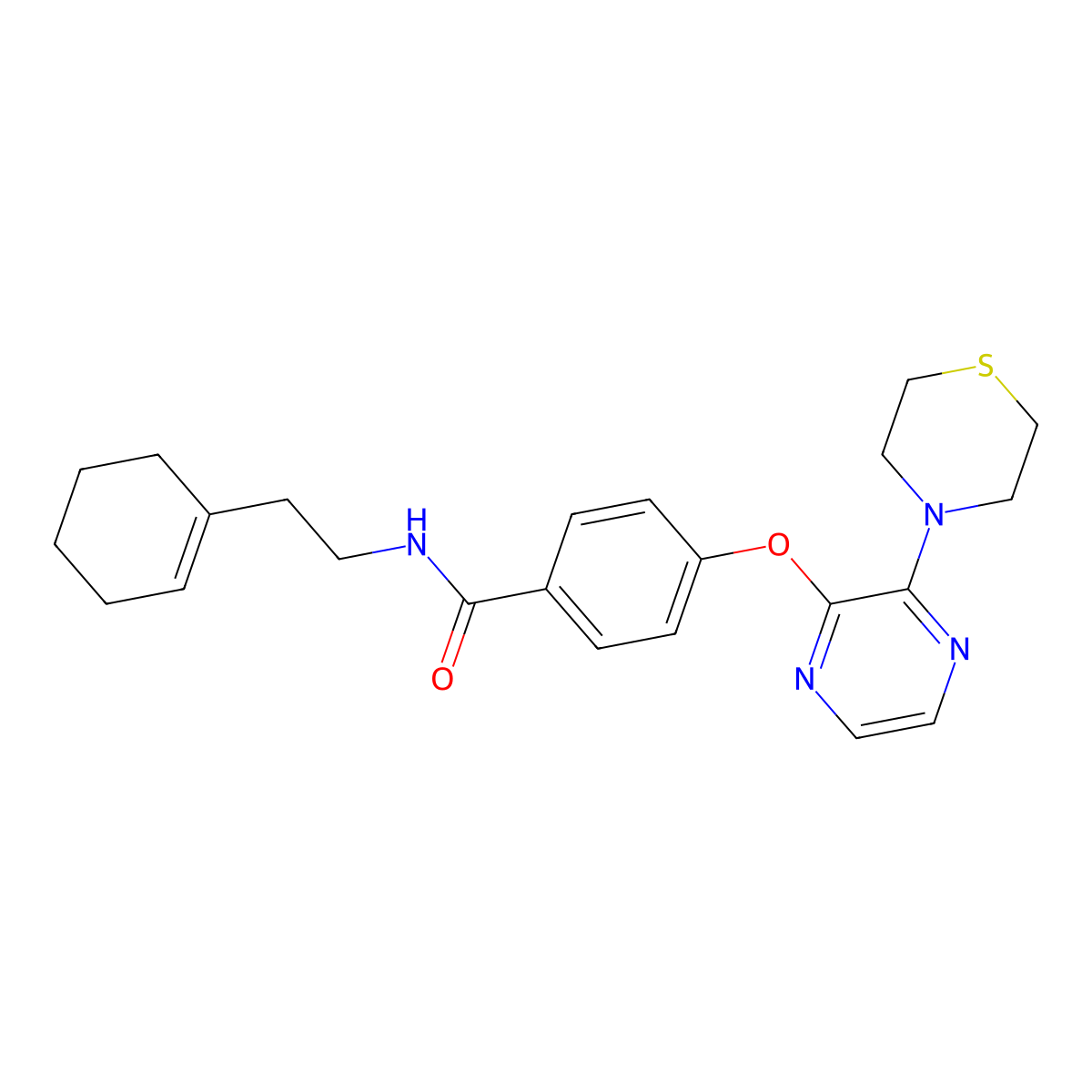 N-(2-(cyclohex-1-en-1-yl)ethyl)-4-((3-thiomorpholinopyrazin-2-yl)oxy)benzamide molecular structure, CAS 1251634-75-9