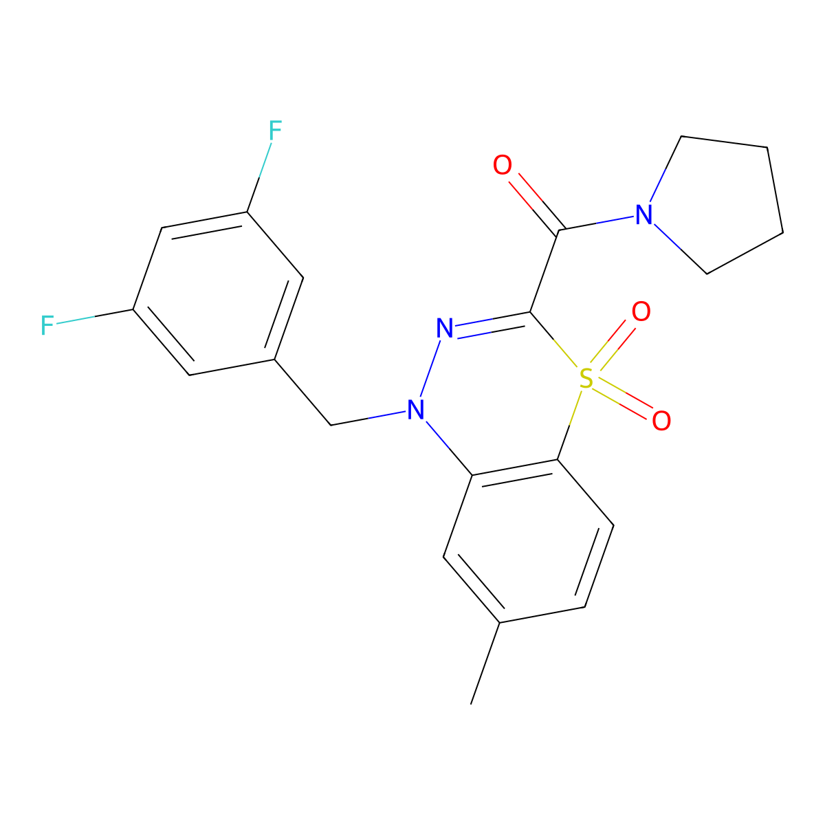 1-[(3,5-difluorophenyl)methyl]-7-methyl-3-(pyrrolidine-1-carbonyl)-1H-4lambda6,1,2-benzothiadiazine-4,4-dione molecular structure, CAS 1251635-22-9