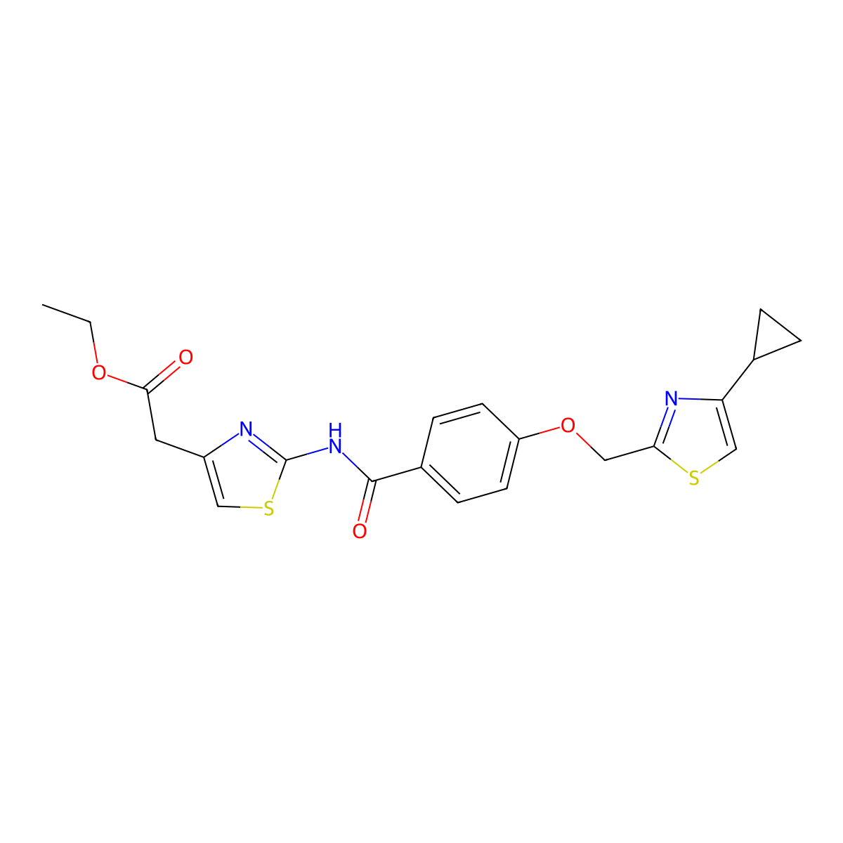 Ethyl 2-(2-(4-((4-cyclopropylthiazol-2-yl)methoxy)benzamido)thiazol-4-yl)acetate molecular structure, CAS 1251635-23-0