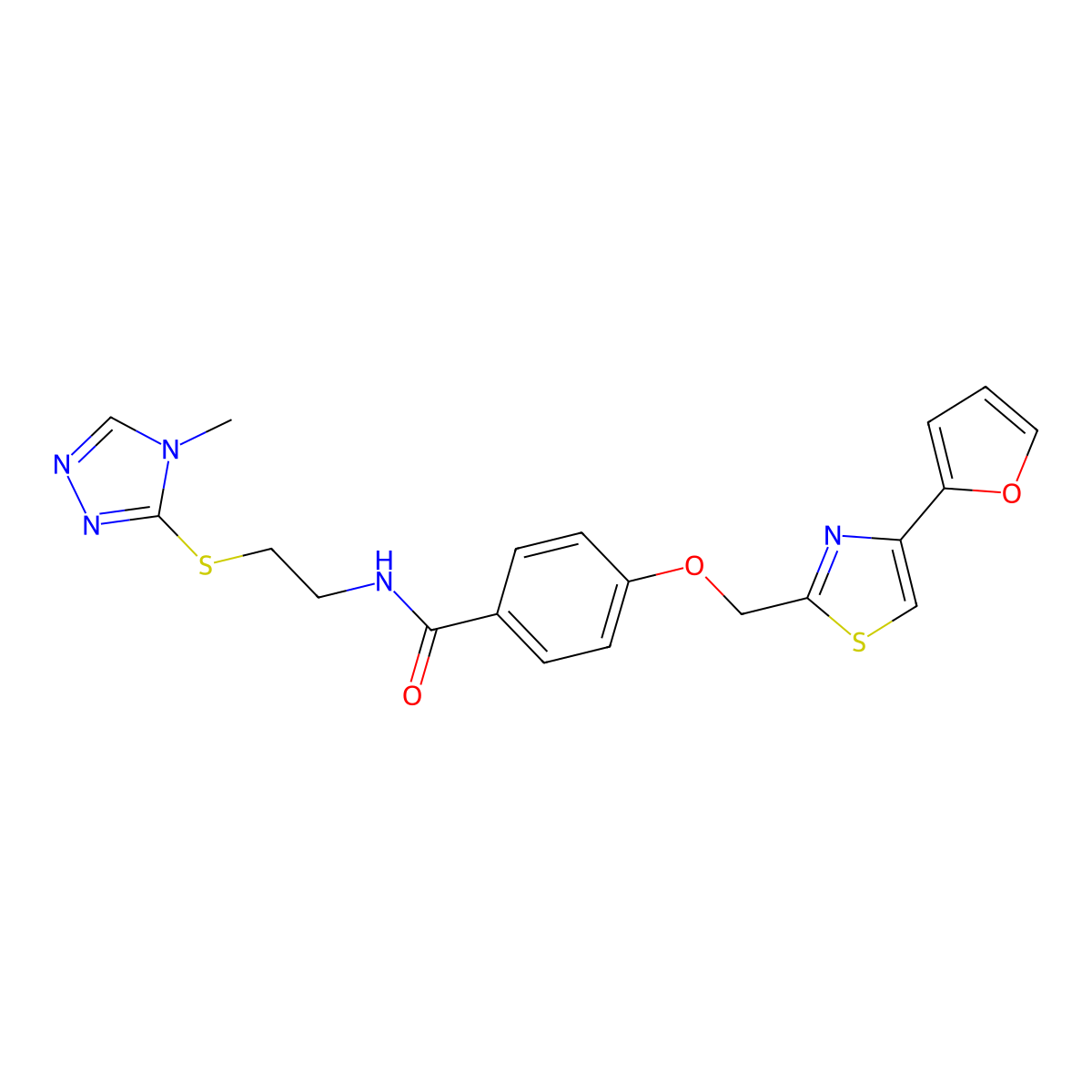 4-((4-(furan-2-yl)thiazol-2-yl)methoxy)-N-(2-((4-methyl-4H-1,2,4-triazol-3-yl)thio)ethyl)benzamide molecular structure, CAS 1251635-36-5