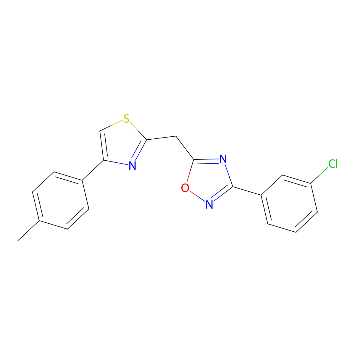 3-(3-Chlorophenyl)-5-{[4-(4-methylphenyl)-1,3-thiazol-2-yl]methyl}-1,2,4-oxadiazole molecular structure, CAS 1251635-40-1