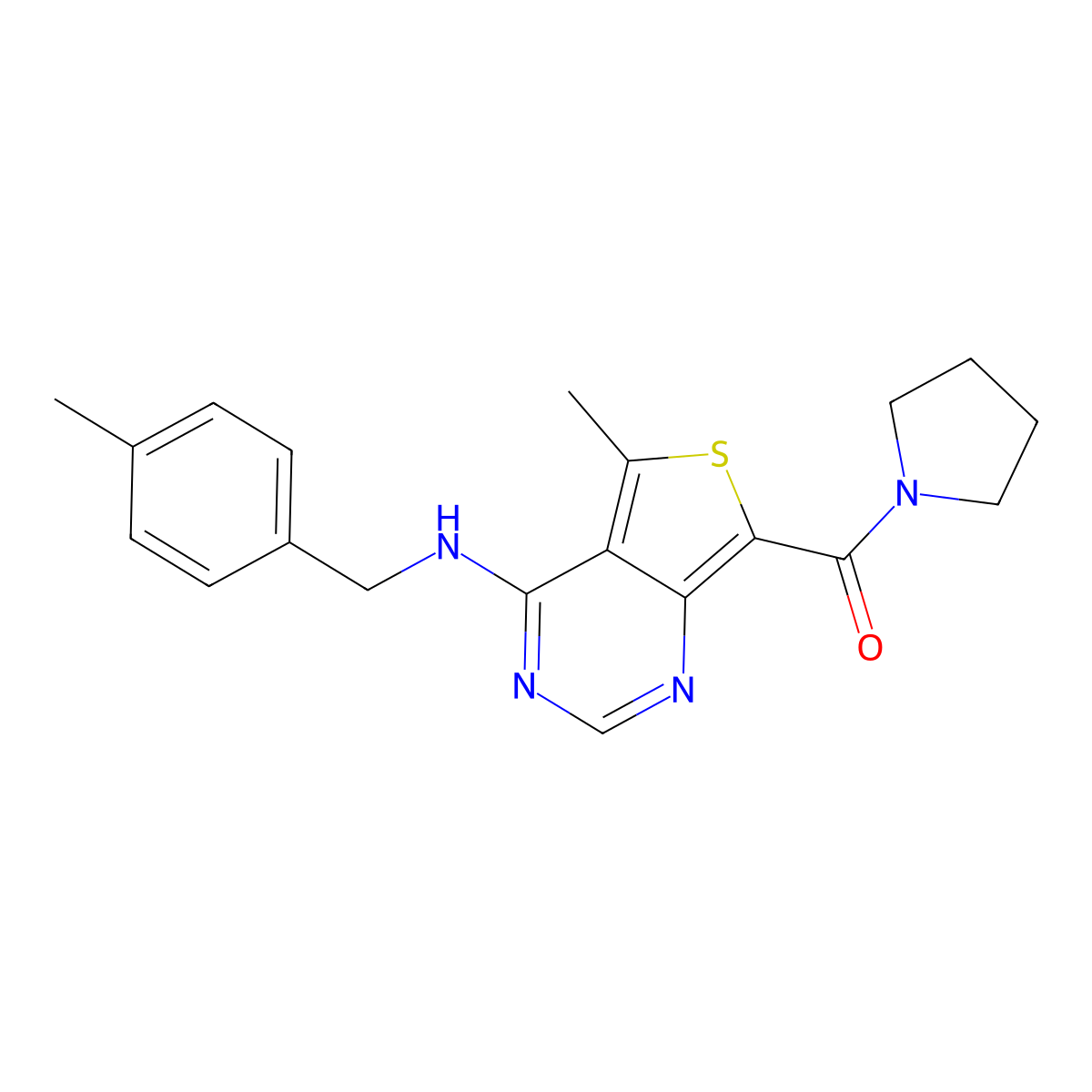 5-methyl-N-[(4-methylphenyl)methyl]-7-(pyrrolidine-1-carbonyl)thieno[3,4-d]pyrimidin-4-amine molecular structure, CAS 1251635-44-5
