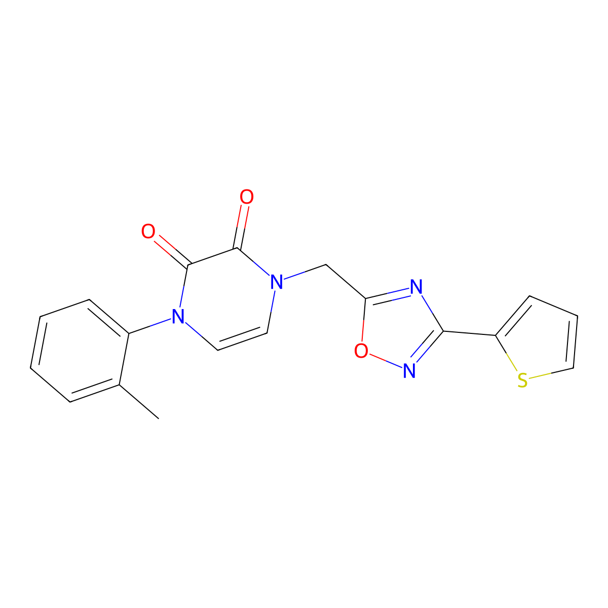 1-((3-(thiophen-2-yl)-1,2,4-oxadiazol-5-yl)methyl)-4-(o-tolyl)pyrazine-2,3(1H,4H)-dione molecular structure, CAS 1251635-54-7