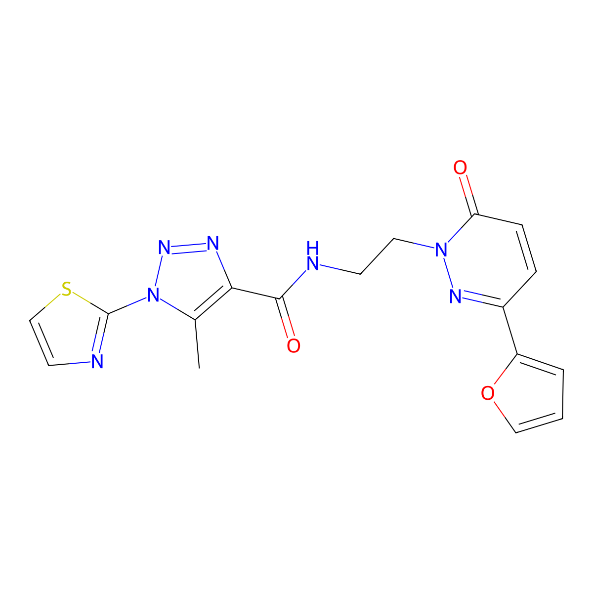 N-(2-(3-(furan-2-yl)-6-oxopyridazin-1(6H)-yl)ethyl)-5-methyl-1-(thiazol-2-yl)-1H-1,2,3-triazole-4-carboxamide molecular structure, CAS 1251635-61-6