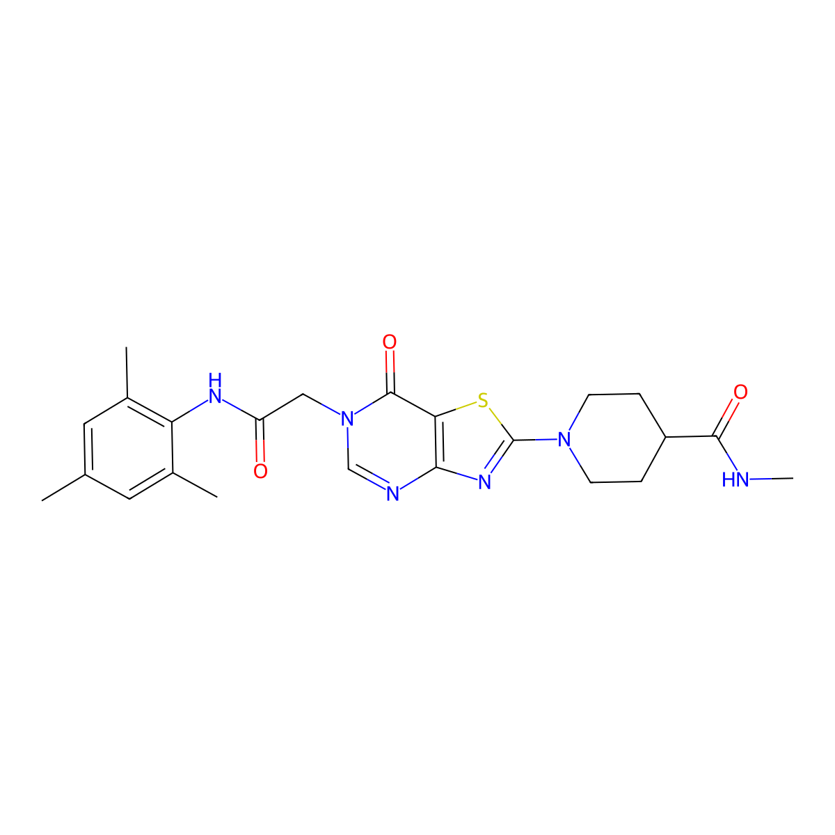 N-methyl-1-(7-oxo-6-{[(2,4,6-trimethylphenyl)carbamoyl]methyl}-6H,7H-[1,3]thiazolo[4,5-d]pyrimidin-2-yl)piperidine-4-carboxamide molecular structure, CAS 1251635-64-9