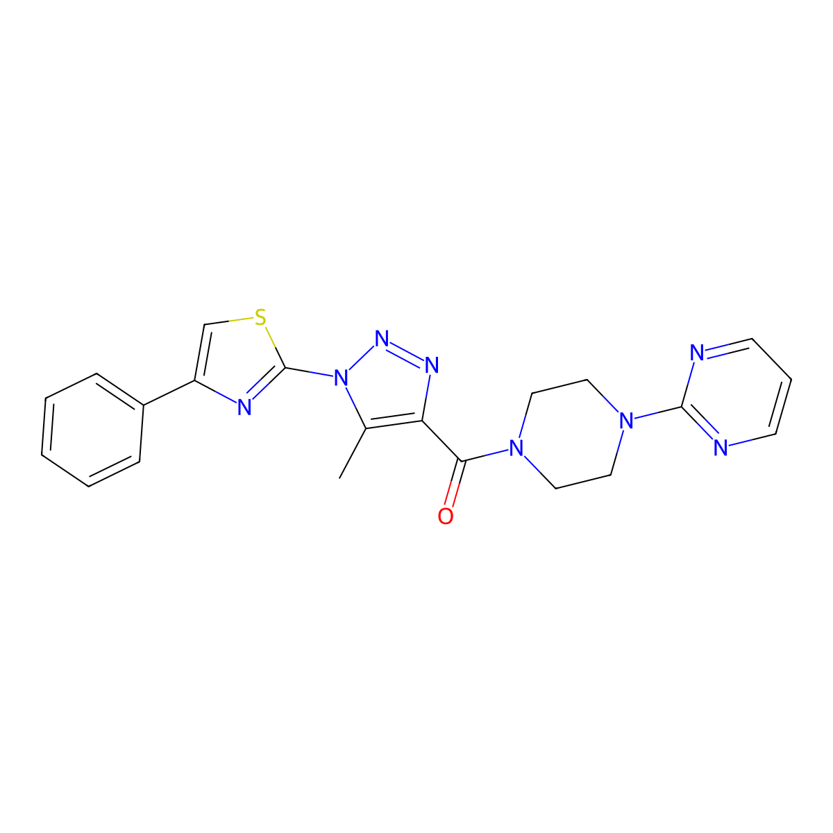 (5-methyl-1-(4-phenylthiazol-2-yl)-1H-1,2,3-triazol-4-yl)(4-(pyrimidin-2-yl)piperazin-1-yl)methanone molecular structure, CAS 1251635-66-1