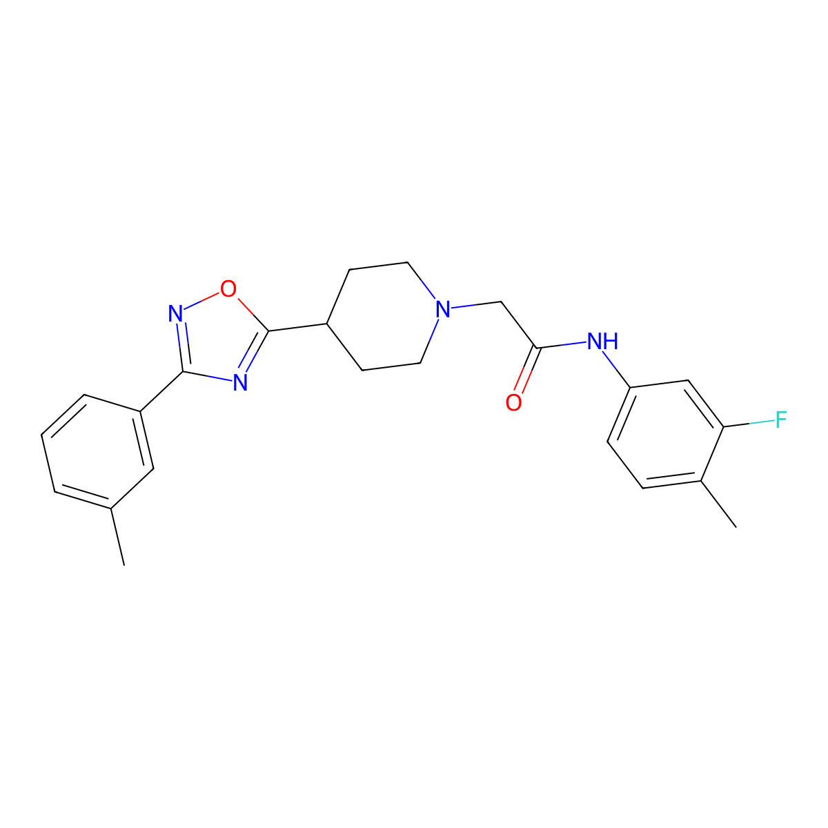 N-(3-fluoro-4-methylphenyl)-2-(4-(3-(m-tolyl)-1,2,4-oxadiazol-5-yl)piperidin-1-yl)acetamide molecular structure, CAS 1251635-81-0