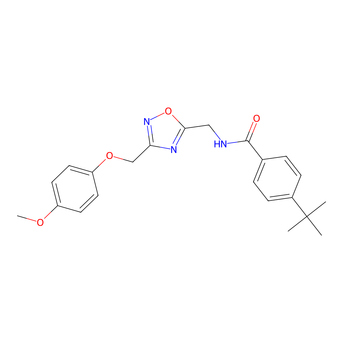 4-(tert-butyl)-N-((3-((4-methoxyphenoxy)methyl)-1,2,4-oxadiazol-5-yl)methyl)benzamide molecular structure, CAS 1251637-01-0
