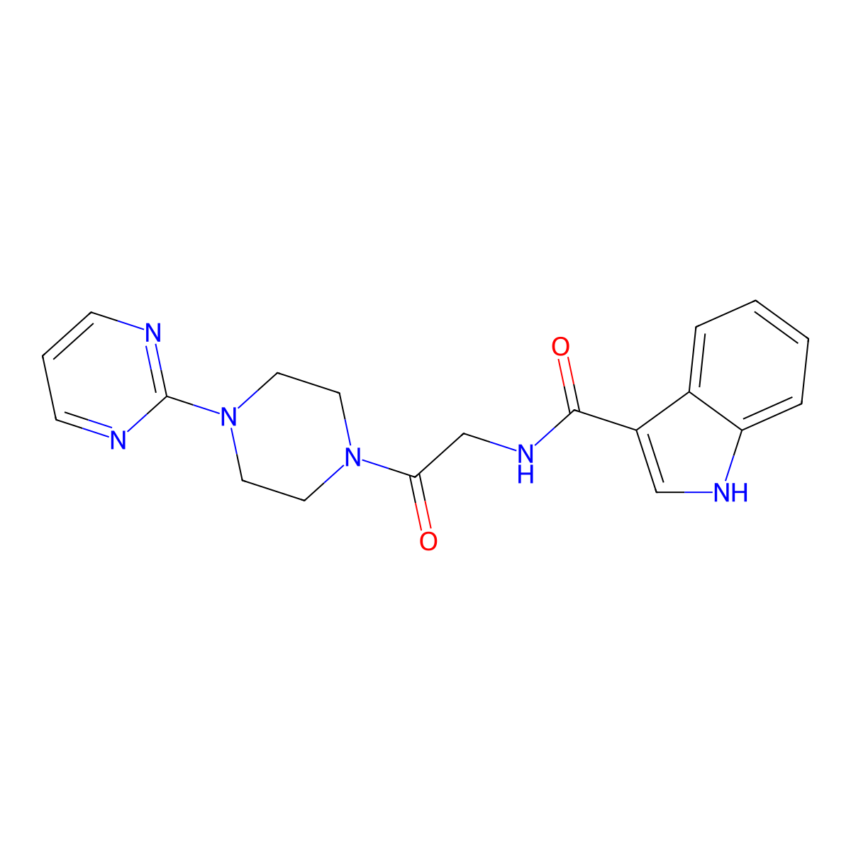 N-(2-oxo-2-(4-(pyrimidin-2-yl)piperazin-1-yl)ethyl)-1H-indole-3-carboxamide molecular structure, CAS 1251638-28-4