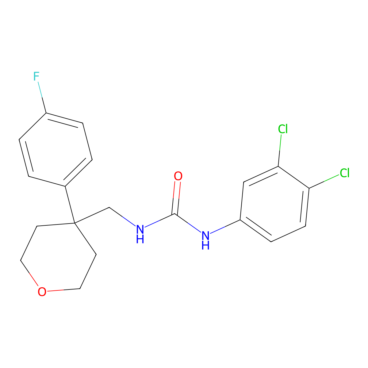 1-(3,4-dichlorophenyl)-3-((4-(4-fluorophenyl)tetrahydro-2H-pyran-4-yl)methyl)urea molecular structure, CAS 1251640-44-4