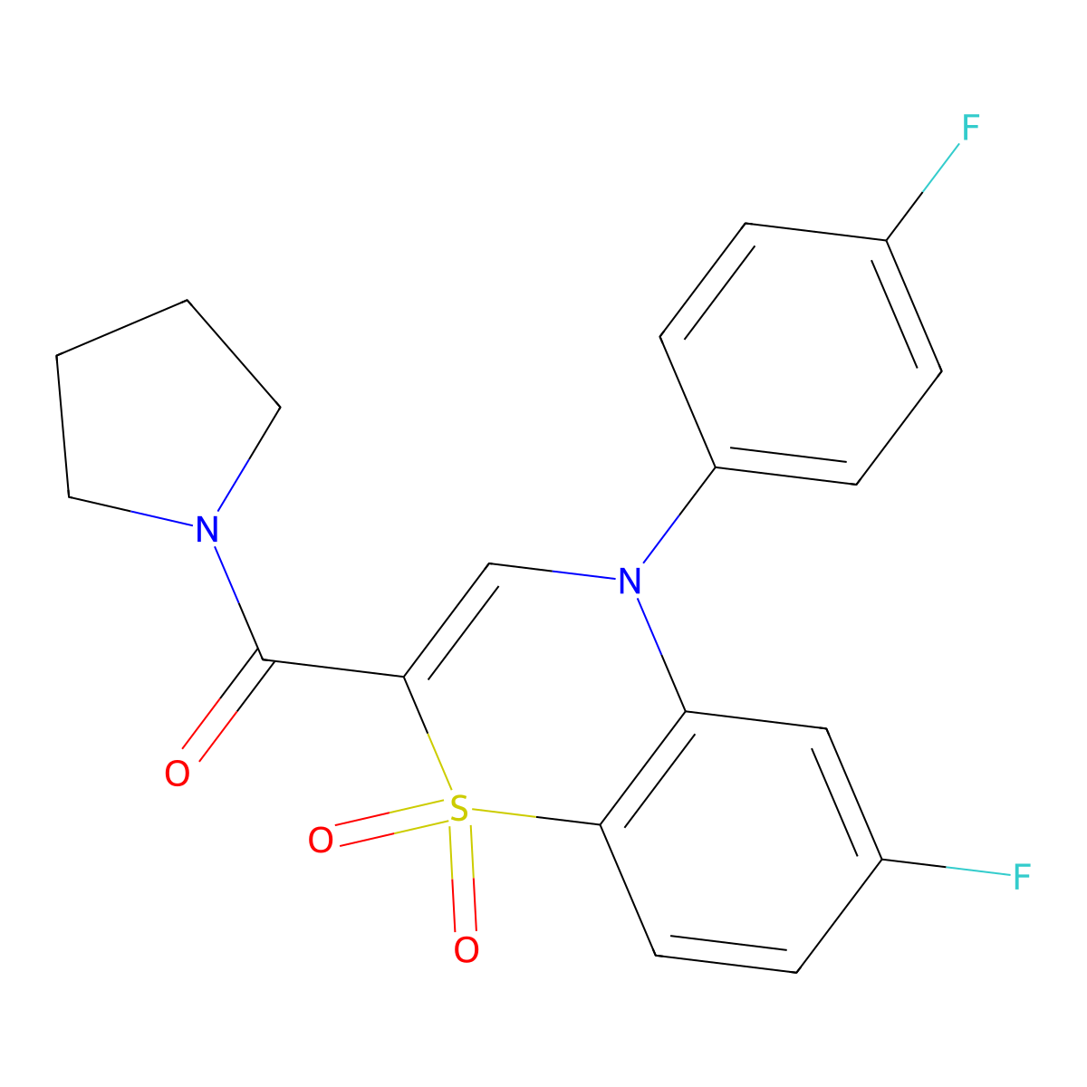 6-fluoro-4-(4-fluorophenyl)-2-(pyrrolidine-1-carbonyl)-4H-1lambda6,4-benzothiazine-1,1-dione molecular structure, CAS 1251644-52-6