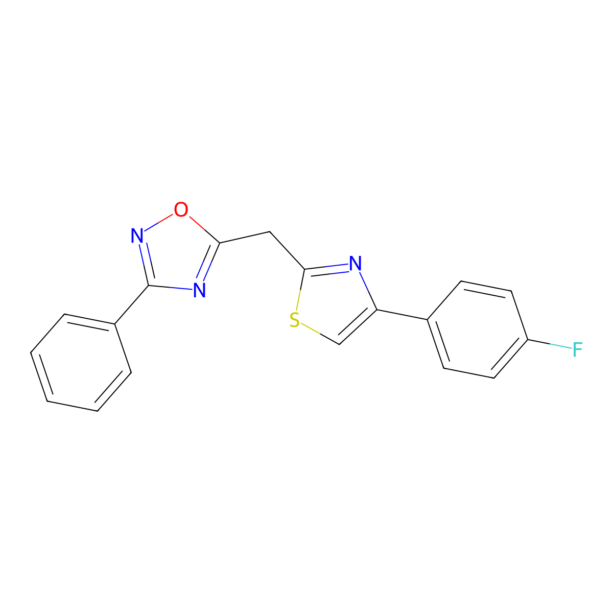 5-((4-(4-Fluorophenyl)thiazol-2-yl)methyl)-3-phenyl-1,2,4-oxadiazole molecular structure, CAS 1251646-84-0