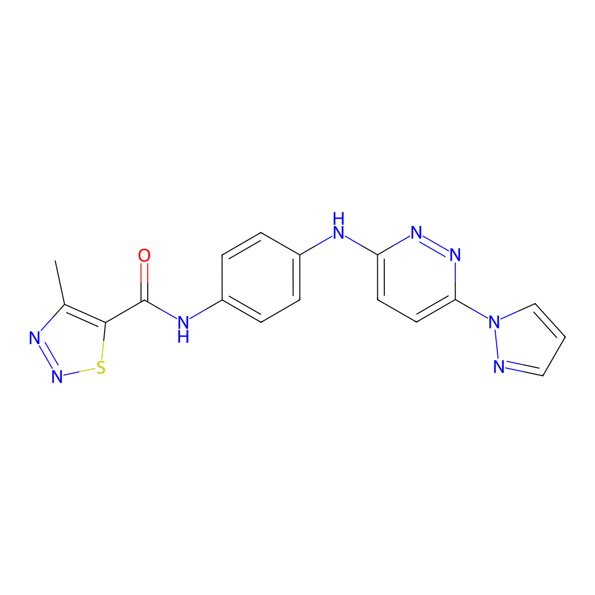 N-(4-((6-(1H-pyrazol-1-yl)pyridazin-3-yl)amino)phenyl)-4-methyl-1,2,3-thiadiazole-5-carboxamide molecular structure, CAS 1251649-67-8