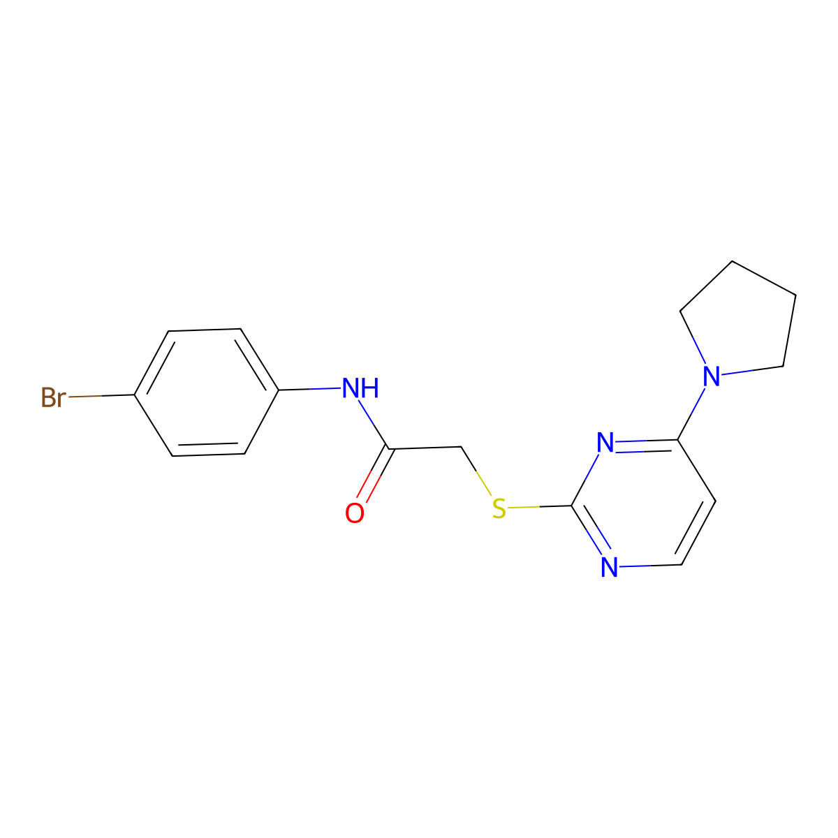 N-(4-bromophenyl)-2-((4-(pyrrolidin-1-yl)pyrimidin-2-yl)thio)acetamide molecular structure, CAS 1251650-27-7