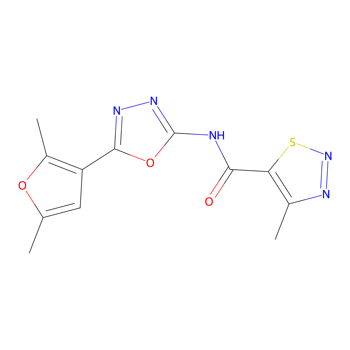N-[5-(2,5-dimethylfuran-3-yl)-1,3,4-oxadiazol-2-yl]-4-methyl-1,2,3-thiadiazole-5-carboxamide molecular structure, CAS 1251652-13-7
