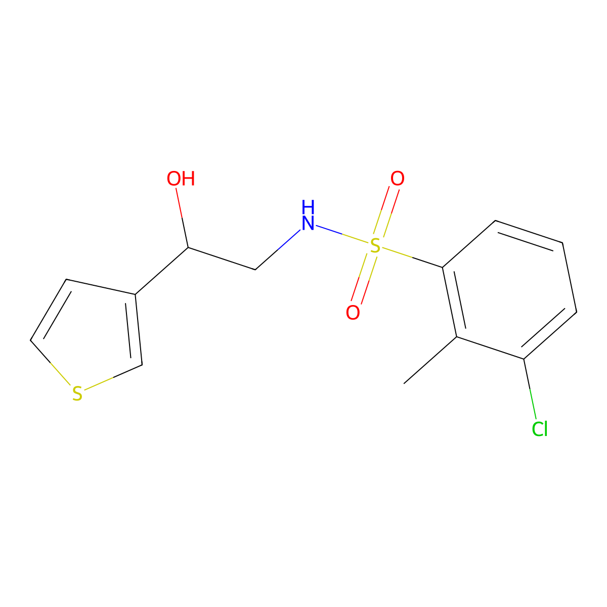 3-chloro-N-(2-hydroxy-2-(thiophen-3-yl)ethyl)-2-methylbenzenesulfonamide molecular structure, CAS 1251656-57-1