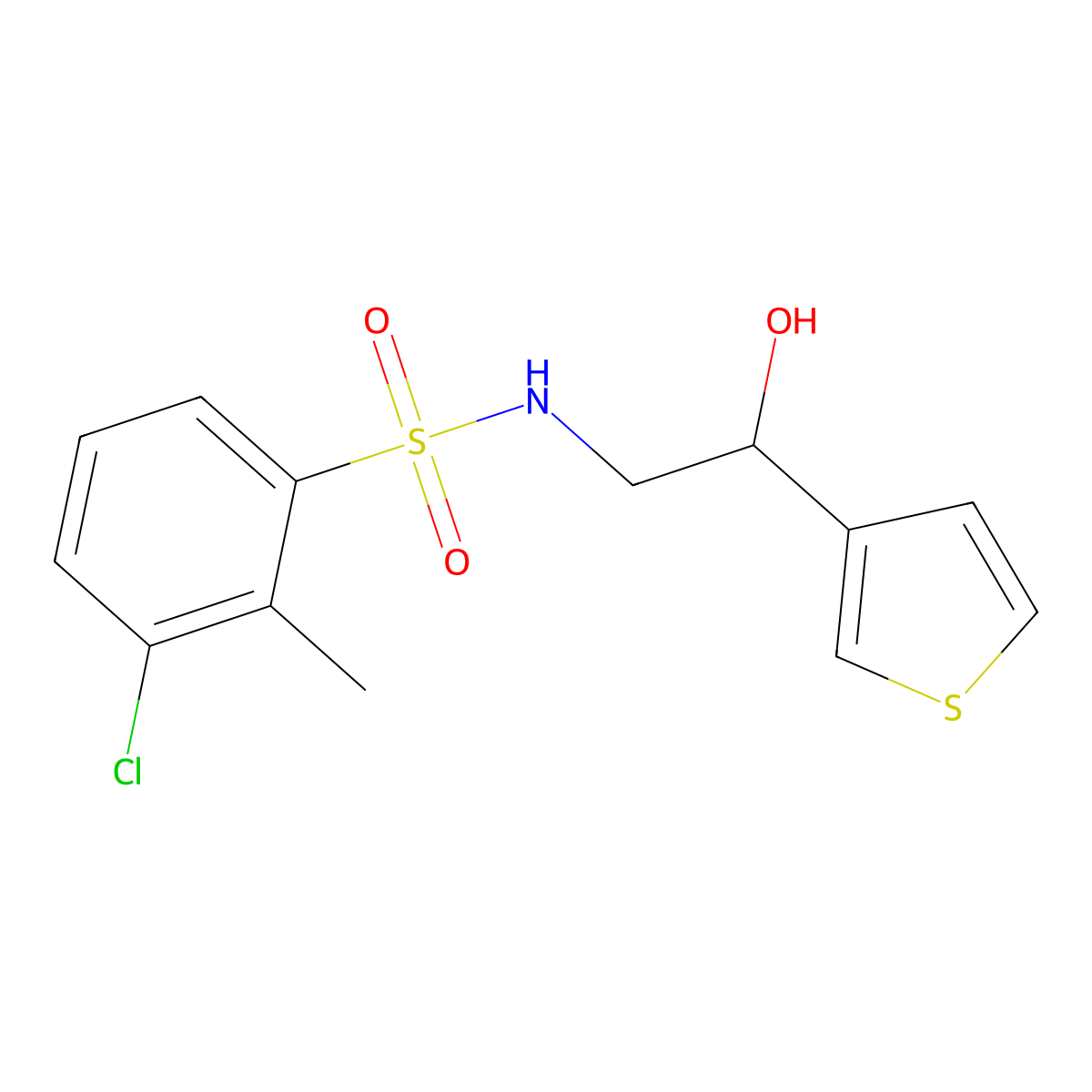 3-chloro-N-(2-hydroxy-2-(thiophen-3-yl)ethyl)-2-methylbenzenesulfonamide molecular structure, CAS 1251656-57-1