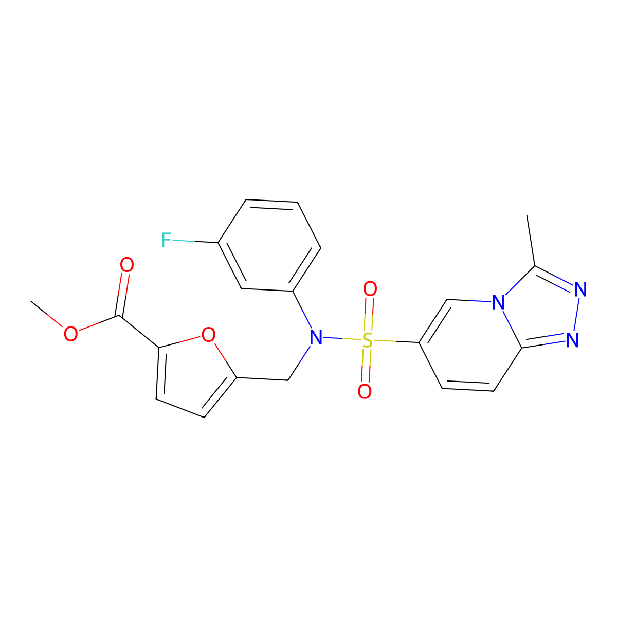 methyl 5-{[N-(3-fluorophenyl)3-methyl-[1,2,4]triazolo[4,3-a]pyridine-6-sulfonamido]methyl}furan-2-carboxylate molecular structure, CAS 1251660-89-5