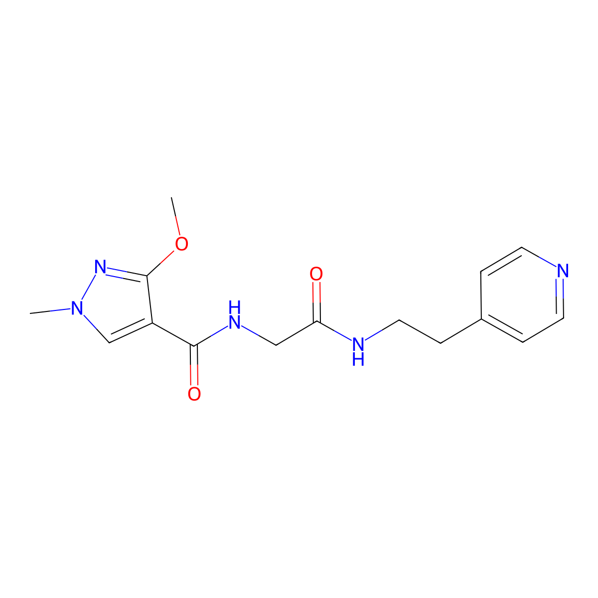 3-methoxy-1-methyl-N-(2-oxo-2-((2-(pyridin-4-yl)ethyl)amino)ethyl)-1H-pyrazole-4-carboxamide molecular structure, CAS 1251661-75-2