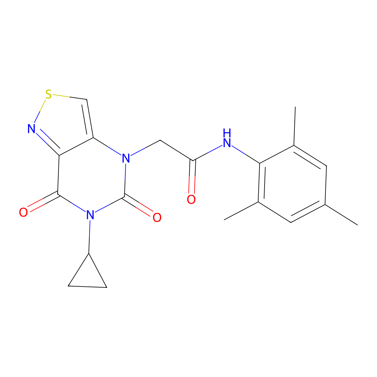 2-{6-cyclopropyl-5,7-dioxo-4H,5H,6H,7H-[1,2]thiazolo[4,3-d]pyrimidin-4-yl}-N-(2,4,6-trimethylphenyl)acetamide molecular structure, CAS 1251663-89-4