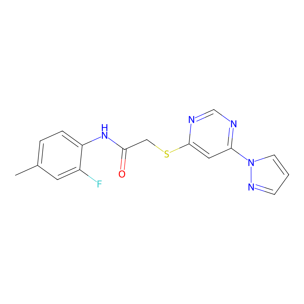 2-((6-(1H-pyrazol-1-yl)pyrimidin-4-yl)thio)-N-(2-fluoro-4-methylphenyl)acetamide molecular structure, CAS 1251664-74-0