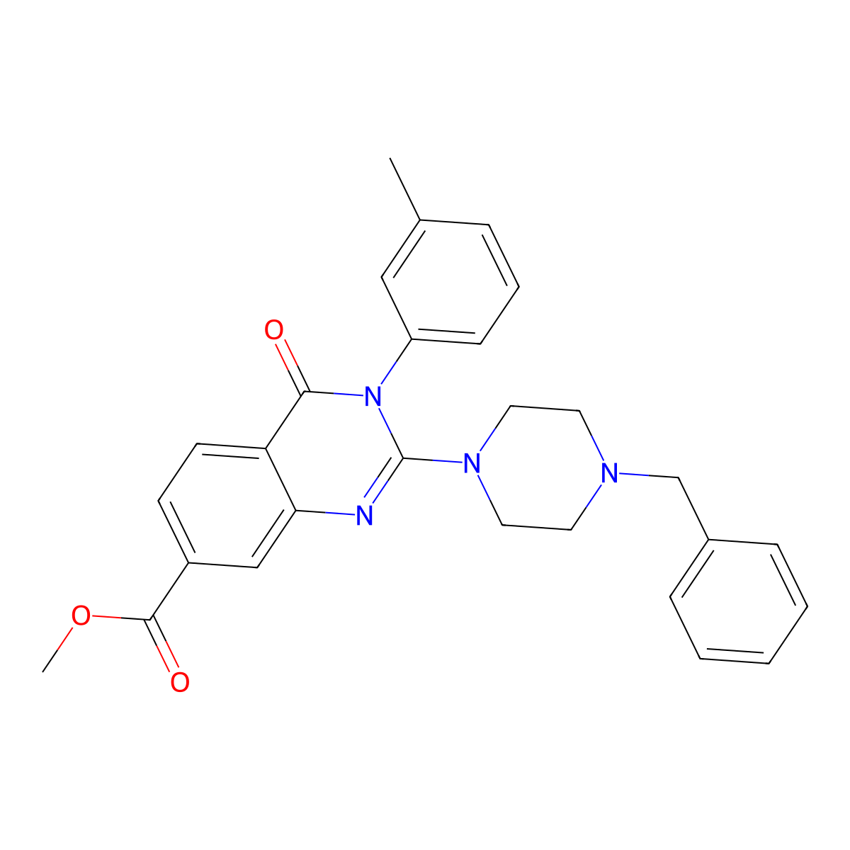 Methyl 2-(4-benzylpiperazin-1-yl)-4-oxo-3-(m-tolyl)-3,4-dihydroquinazoline-7-carboxylate molecular structure, CAS 1251666-36-0