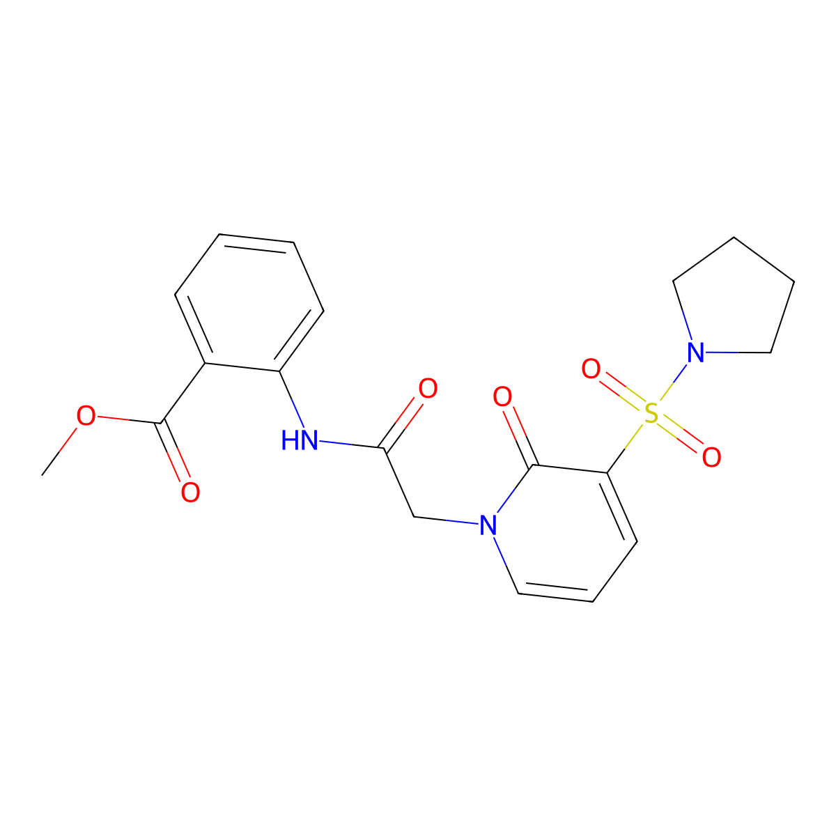 Methyl 2-{2-[2-oxo-3-(pyrrolidine-1-sulfonyl)-1,2-dihydropyridin-1-yl]acetamido}benzoate molecular structure, CAS 1251667-01-2