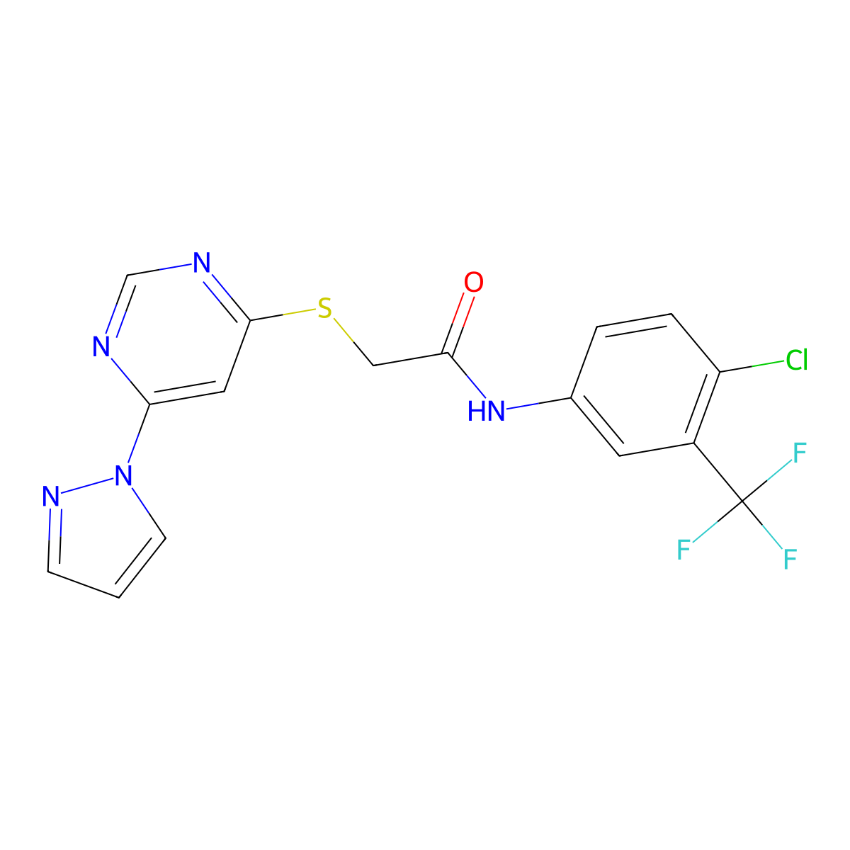 2-((6-(1H-pyrazol-1-yl)pyrimidin-4-yl)thio)-N-(4-chloro-3-(trifluoromethyl)phenyl)acetamide molecular structure, CAS 1251667-58-9