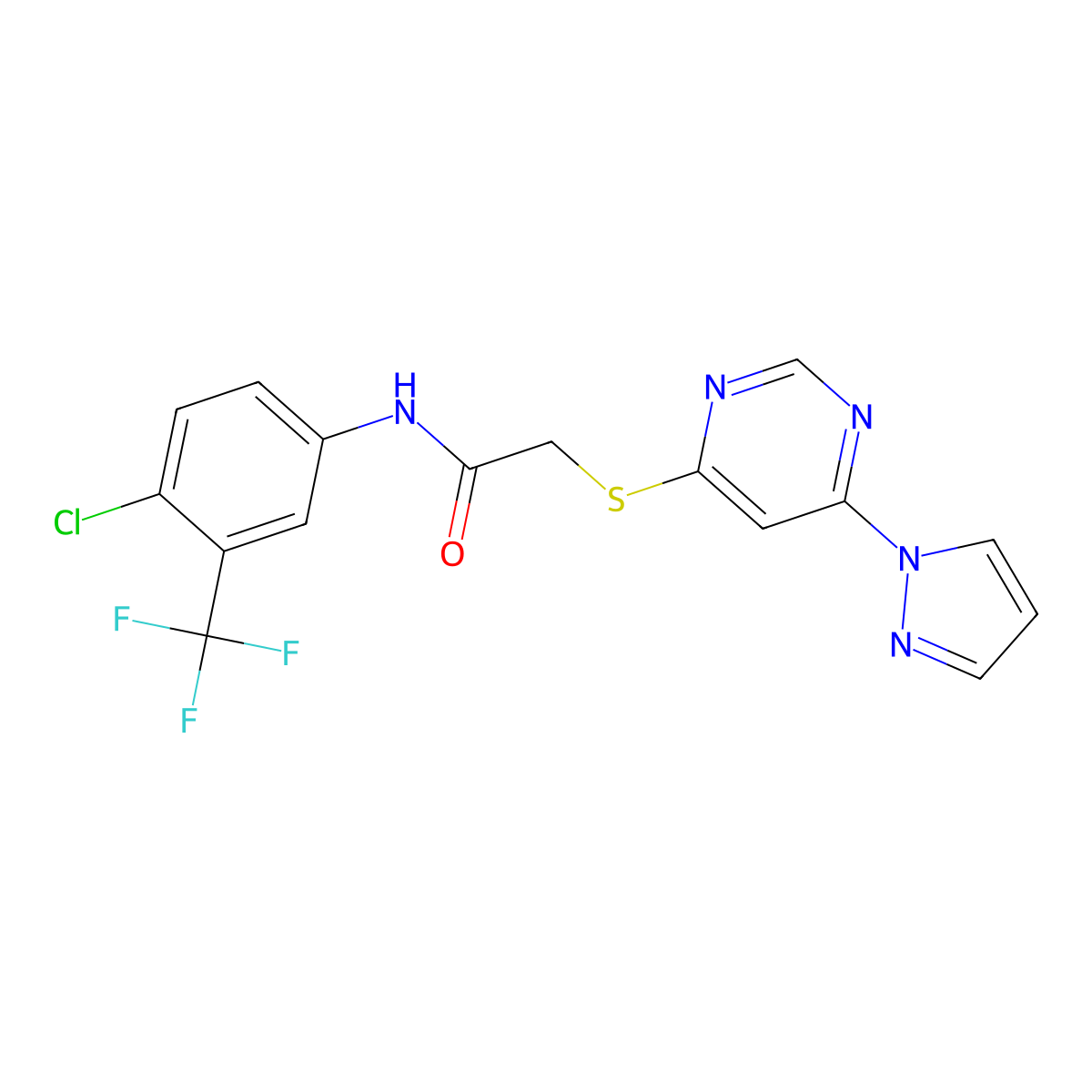 2-((6-(1H-pyrazol-1-yl)pyrimidin-4-yl)thio)-N-(4-chloro-3-(trifluoromethyl)phenyl)acetamide molecular structure, CAS 1251667-58-9